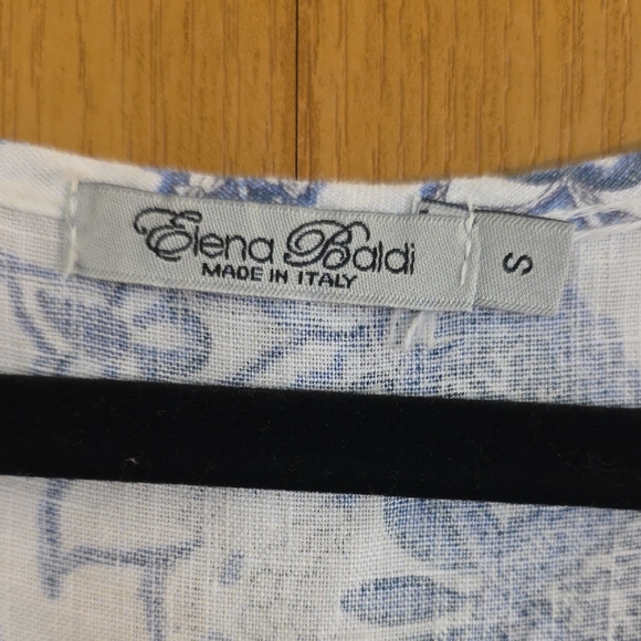 Elena Baldi Italian Linen Floral Women's Blouse - Blue and‎ White Sz S - Picture 2 of 5
